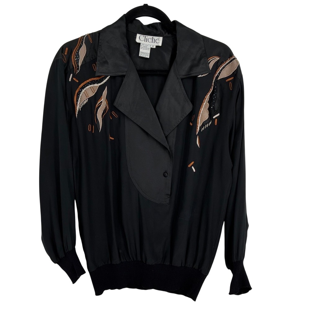 Vintage Cliché 100% Silk Beaded Embroidered Black Blouson Blouse Size 8